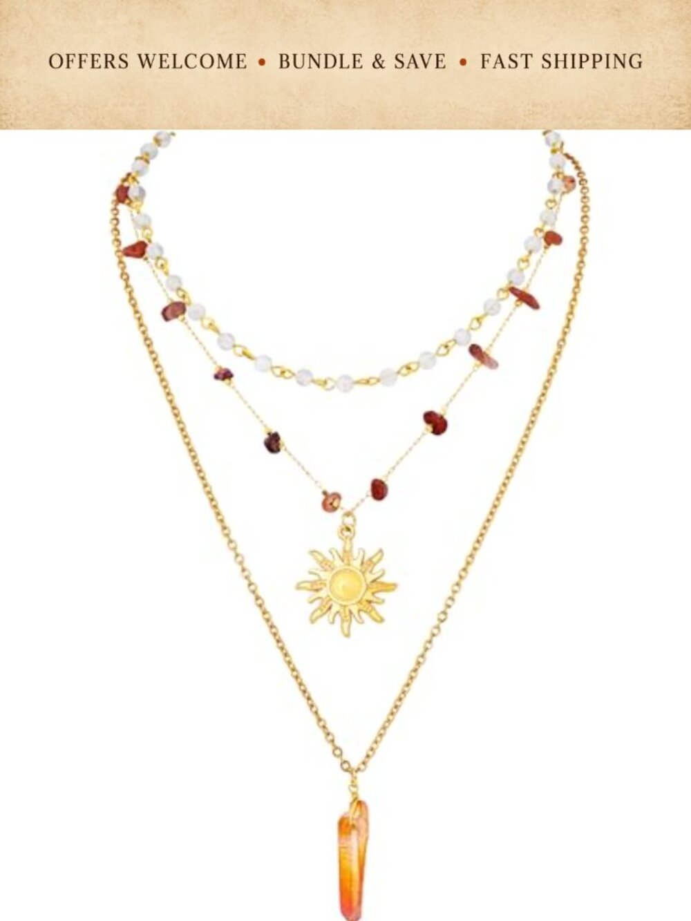 Layered Crystal Sun Necklace Boho Hippie Zinc Alloy Titanium Steel Jewelry